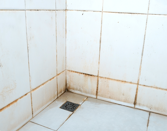 Close-up of a shower corner with stained grout, mildew buildup, and floor drain before cleaning or regrouting.
