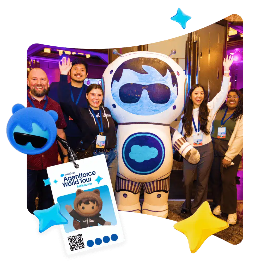 Group of attendees posing with a large astronaut mascot at the Salesforce Agentforce World Tour Melbourne event, with event badge graphics and decorative icons in the foreground.