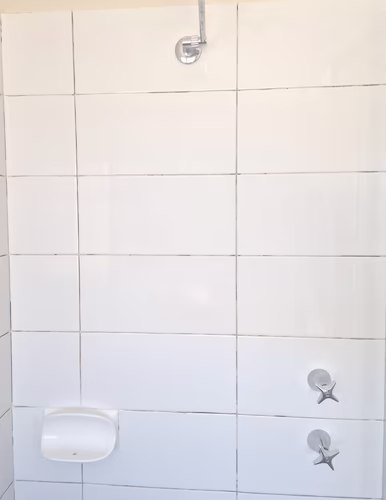 Shower wall with taps before regrouting